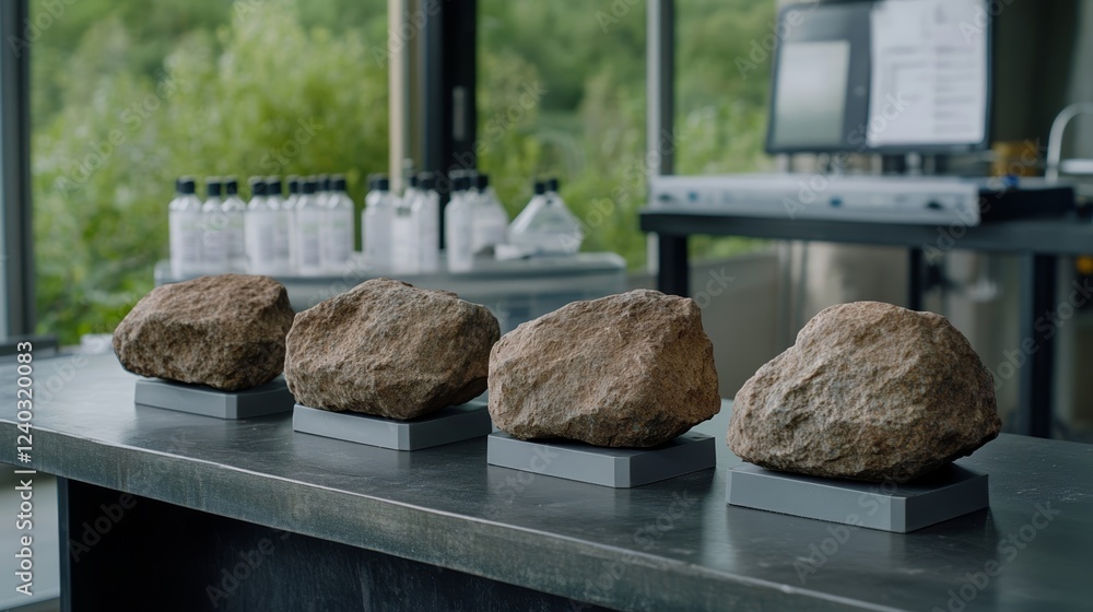 Poster elegant close up of shale rock samples with oil residue displayed on a laboratory table with scienti