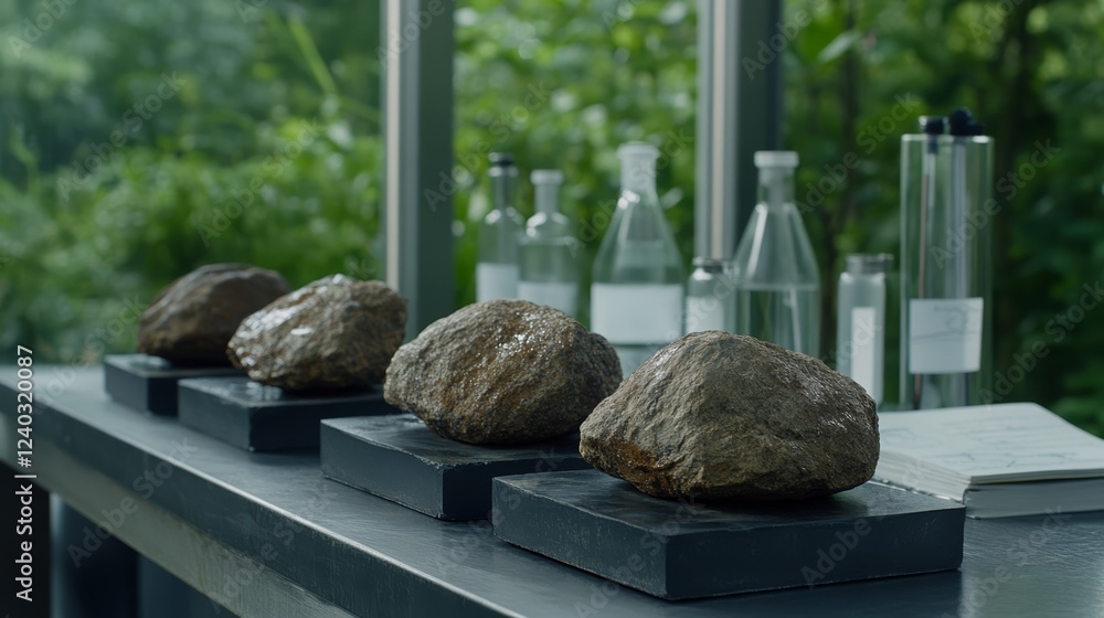 Poster elegant close up of shale rock samples with oil residue displayed on a laboratory table with scienti