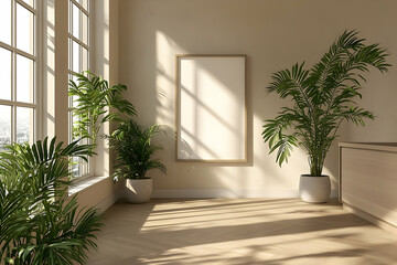 Sunlit apartment interior, plants, blank frame, city view