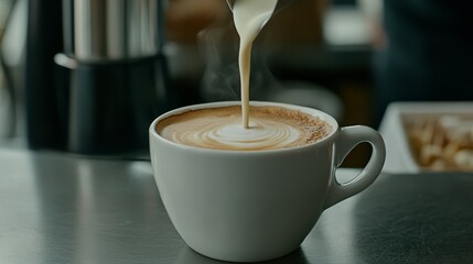 Elegant Close up of thick creamy evaporated milk being stirred into hot coffee creating rich swirls of color cozy morning drink 