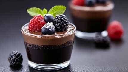 Chocolate mousse in small glasses with berries and mint.