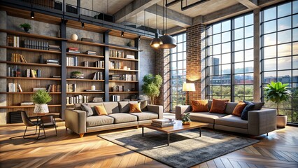 Sunlit Industrial Loft Apartment Interior with City View