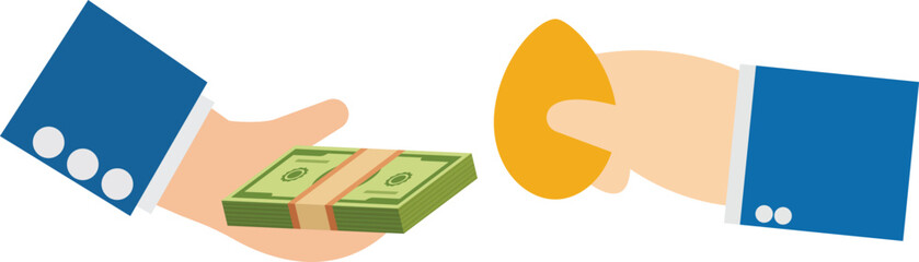 Inflation or decline in currency value, businessman hand exchanges a wad of money for one egg