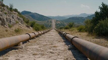 Elegant Cracked dried up oil pipeline stretching across a desolate landscape with rusted metal and overgrown vegetation emphasizing resource scarcity 