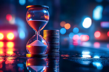 Hourglass, coins, city night, time & money
