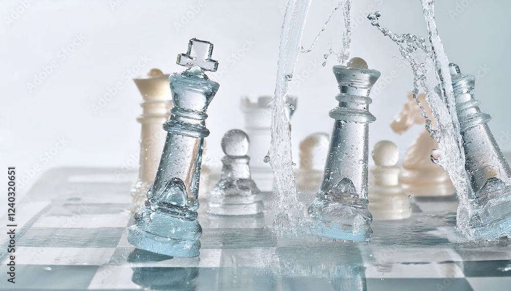 Poster firefly chess pieces created from water splashing on a chessboard symbolize opposition in a dynamic 