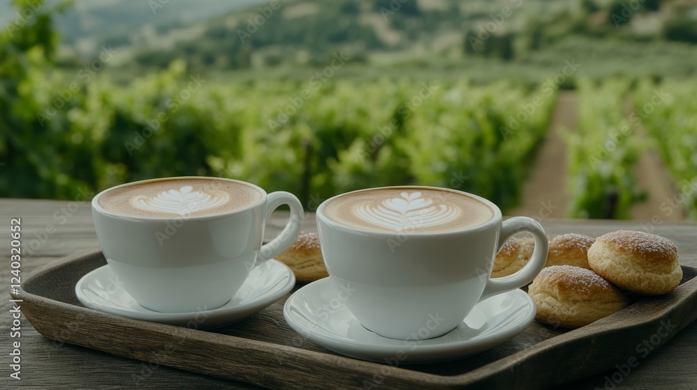 Poster elegant double espresso cups with heart shaped latte art served on a rustic tray with italian pastri