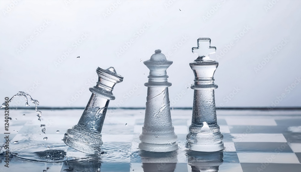 Poster intriguing translucent chess pieces created from water capture attention on a water chessboard while