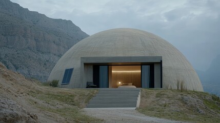 Elegant Dome shaped fireproof bunker house with a fire resistant concrete structure solar panels and protective ventilation system located in a desert setting future proof design 