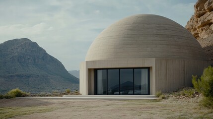 Obraz premium Elegant Dome shaped fireproof bunker house with a fire resistant concrete structure solar panels and protective ventilation system located in a desert setting future proof design 