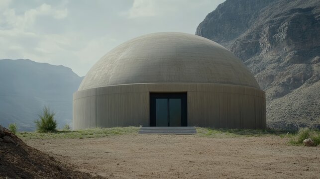 Elegant Dome shaped fireproof bunker house with a fire resistant concrete structure solar panels and protective ventilation system located in a desert setting future proof design 