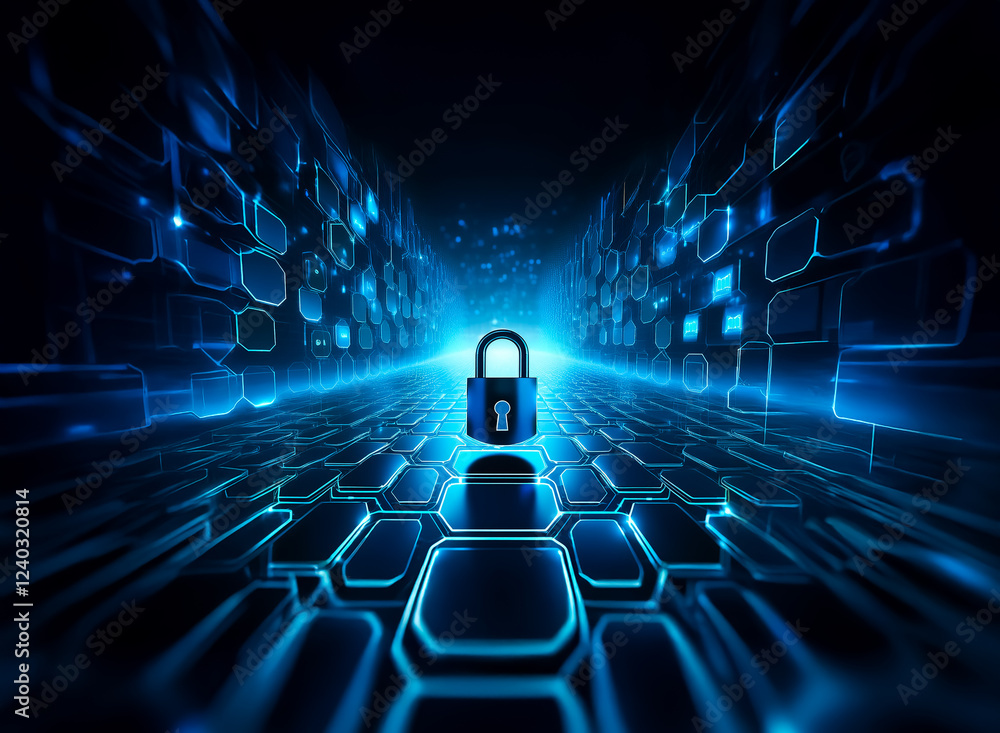 Aufkleber a glowing blue digital corridor, reminiscent of a circuit board, features a padlock at its center. t