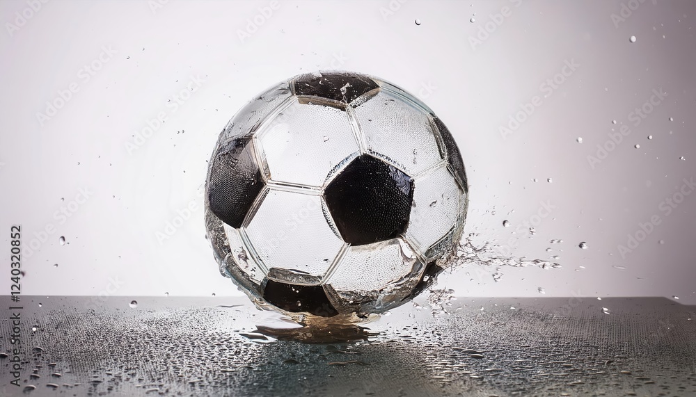 Poster glass soccer ball splashes on a white background creating a dynamic visual effect