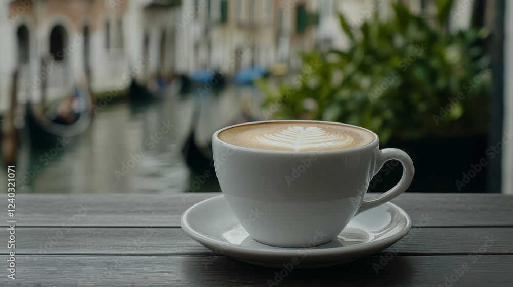 Poster elegant espresso served with latte art depicting a gondola styled with a venetian mask and a backdro