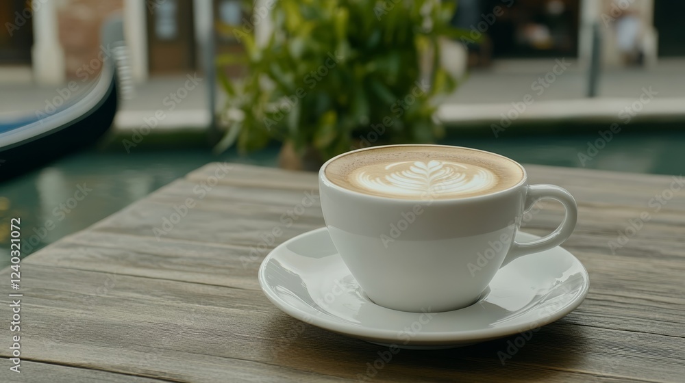 Poster elegant espresso served with latte art depicting a gondola styled with a venetian mask and a backdro