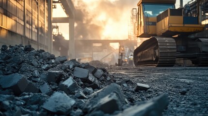 Asphalt paving site with equipment and raw materials scattered around.