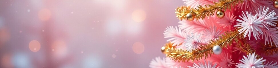 Gold and silver garlands wrapped around the branches of a pink frosted glass Christmas tree, festive wreath, wintery feel, gold