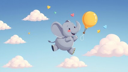 Adorable vector illustration of a baby elephant floating in the air with a colorful balloon, wildlife, playful, animal