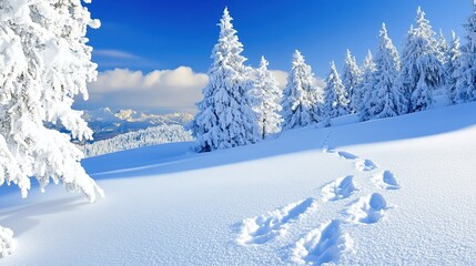  Animal Paw Print in Fresh Snow: Tranquil Winter Scene. Serene and Peaceful Outdoor Moment Capturing Nature's Footprint in Pure White Snow.