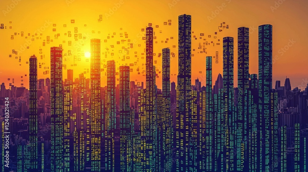 Poster urban skyline at sunset with digital data flows symbolizing technology and connectivity in a modern 