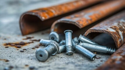 A rivet gun and aluminum rivets beside a rain gutter section for secure fastening.