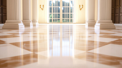 Obraz premium Luxurious marble floor with polished tiles and elegant columns, creating grand atmosphere. sunlight streams through large windows, enhancing opulence of space