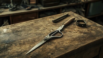 A section of a rain gutter being cut with tin snips on a sturdy work table.