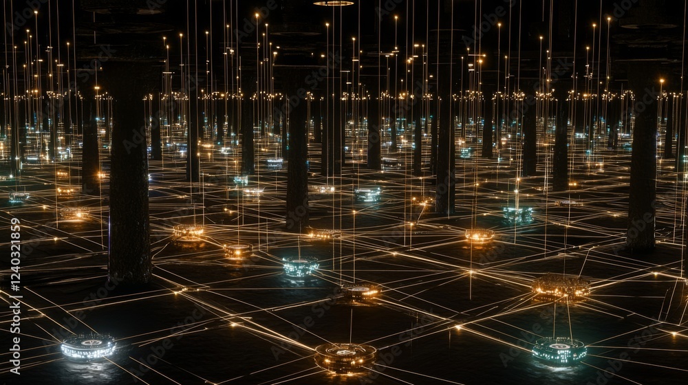 Poster futuristic digital landscape with floating lights and lines in a dark environment