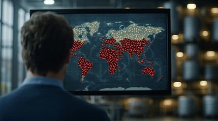 Elegant Global map highlighting gas crisis zones with bright red markers overlaid with images of fuel tanks and pipelines 
