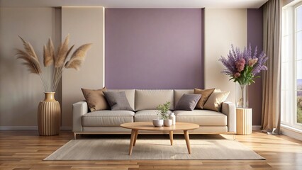 Beige Sofa in a Modern Living Room with Purple Accent Wall