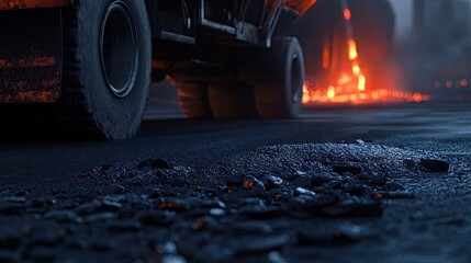 Close-up of asphalt being poured from a dump truck onto a roadbed.