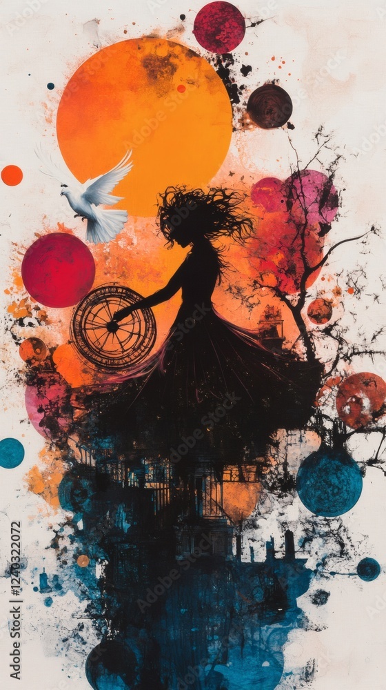 Poster gothic woman executing a wheel pose surrounded by vibrant inkblot bubbles and geometric shapes mist 