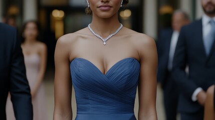 Elegant Icy blue prom dress with sparkling crystal embellishments along the neckline styled with silver heels and a diamond necklace dreamy elegance 