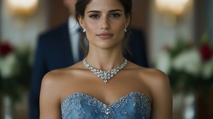 Elegant Icy blue prom dress with sparkling crystal embellishments along the neckline styled with silver heels and a diamond necklace dreamy elegance 