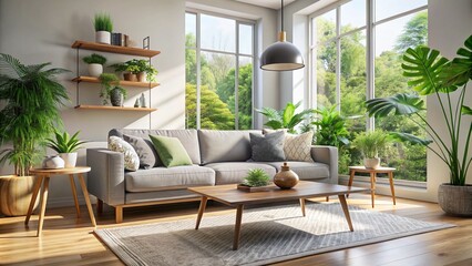 Fototapeta premium Bright Living Room Interior With Gray Sofa and Abundant Greenery
