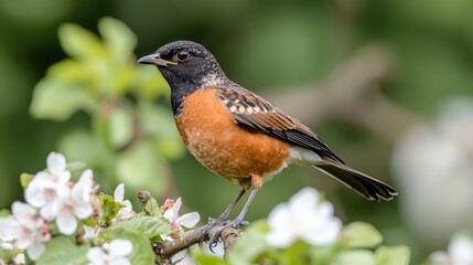 Bird perched on flowering branch, spring garden background, wildlife photography, nature stock image