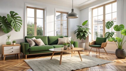 Bright Living Room with Green Sofa and Many Plants