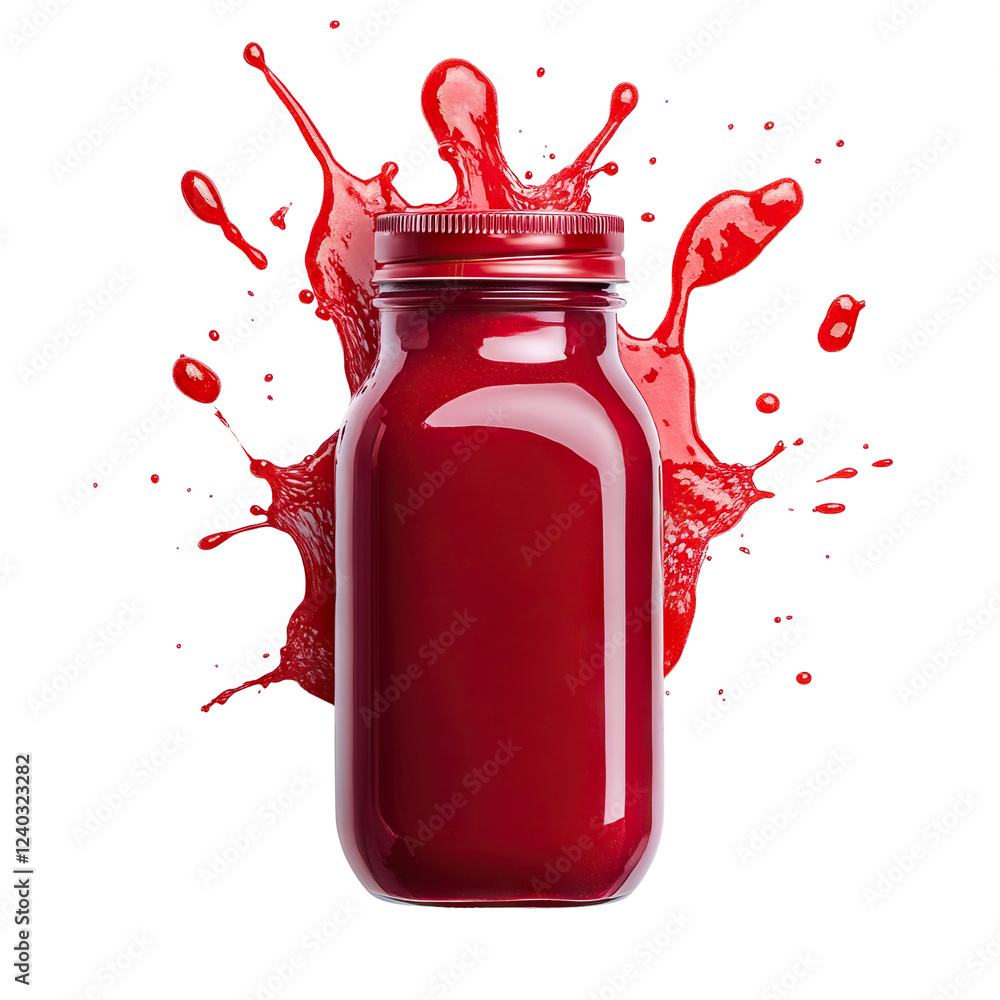 Poster vibrant red juice in a jar with dynamic splash effect, isolated on transparent cutout background