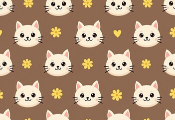 Obraz premium Seamless Cartoon Cat Face Pattern: Cute, Vector Illustration, Brown Background with Yellow Flowers & Hearts, Baby Fabric, Flat Design, 8k Resolution, Cartoon Style. 