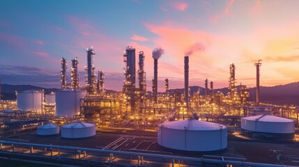 Obraz premium Oil Refinery Industrial Plant at Sunset with Smokestacks