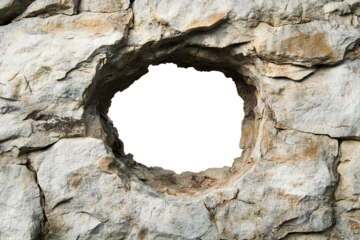 Rough stone wall with a circular hole in the center, isolated on transparent cutout background