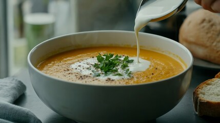 Elegant Pouring evaporated milk into a pot of simmering pumpkin soup with fresh herbs and crusty bread nearby comfort food preparation 