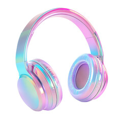 A pair of modern iridescent pastel headphones are shown against a black background.  The headphones have a stylish and elegant design.