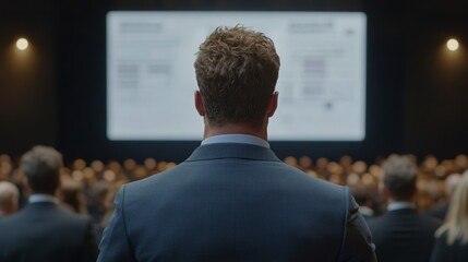 Elegant Presentation stage with dynamic startup pitch slides glowing behind a confident entrepreneur tech startup demo day launch 