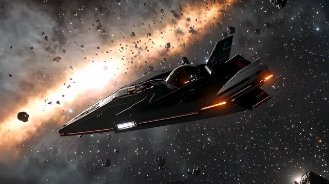 Fantasy animation scene spacecraft in asteroid field. A sleek black spacecraft navigates a treacherous asteroid field, its powerful engines blazing in the inky blackness of space.