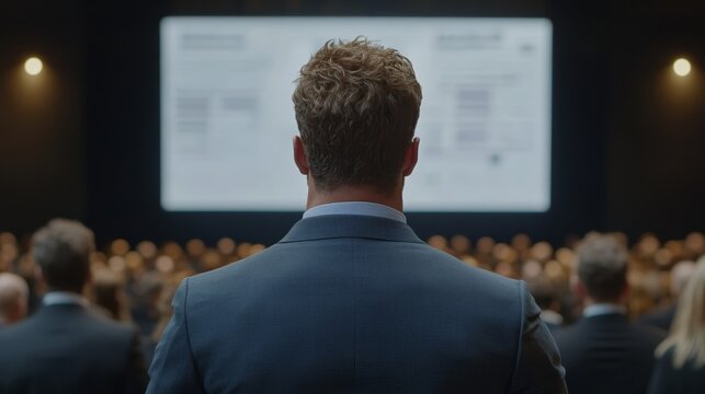 Elegant Presentation stage with dynamic startup pitch slides glowing behind a confident entrepreneur tech startup demo day launch 