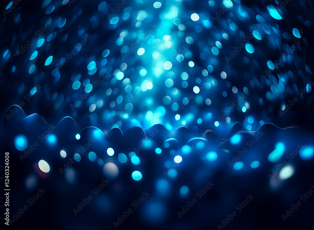 Poster abstract image of vibrant blue bokeh lights, creating a dreamy, ethereal, and slightly dark atmosphe