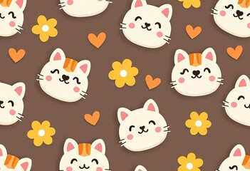 Obraz premium Cute Cartoon Cat Face Pattern: Seamless Vector Illustration, Brown Background with Yellow Flowers & Hearts, Baby Fabric Print, Flat Design, 8k Resolution, Cartoon Style. 