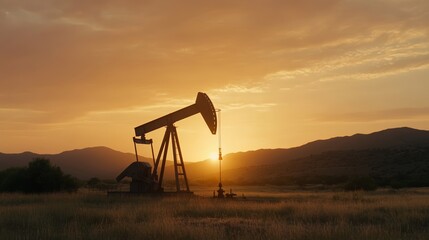Naklejka premium Elegant Shale oil pumpjack silhouetted against a fiery orange sunset with surrounding scrubland and distant mountains 