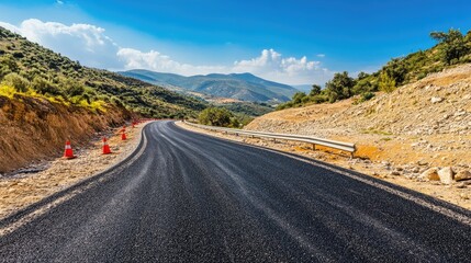 Fototapeta premium Freshly paved road with guardrails and traffic cones placed along the edges.